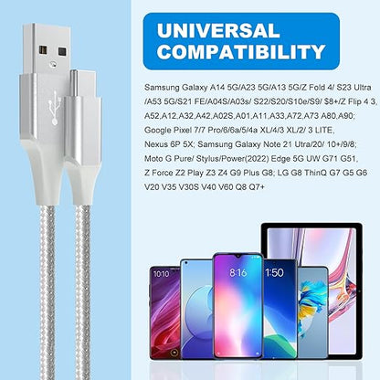 USB-C Cable 3A Fast Charging, 3-Pack (10ft+6ft+3ft) USB A to Type C Charge Nylon Braided Cord for Type-C Devices - White