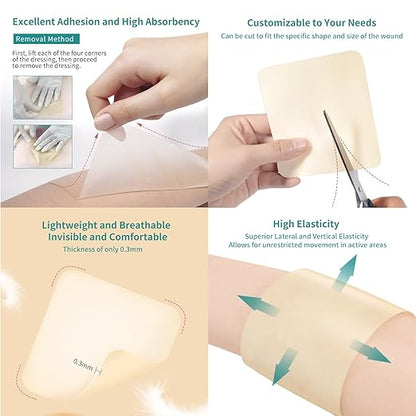 Dimora Hydrocolloid Wound Dressing, 10 Pcs Ultra Thin 4" x 4" Large Patch Bandages with Self-Adhesive, Fast Healing for Bedsore, Burn, Blister, Acne Care, Sterile and Waterproof