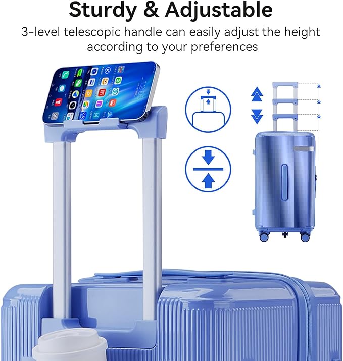 Travel Luggage Sets 3 Piece with Spinner Wheels, PC Hardside Suitcase Set for Family Trips with Cup and Phone Holder, Blue