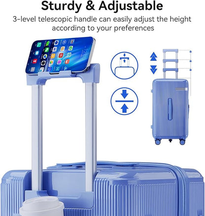 Travel Luggage Sets 3 Piece with Spinner Wheels, PC Hardside Suitcase Set for Family Trips with Cup and Phone Holder, Blue