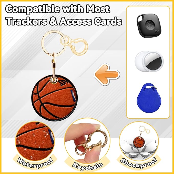 Leather Keychain for Airtag, Cute Protective Keychain Holder Compatible with Apple Air Tag,GPS Item Tracker Case Cover for Keys,Bags,Pets,Luggage(Basketball)