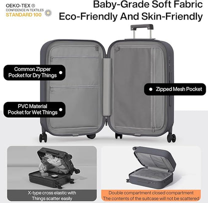 mixi Checked Luggage with Cup Phone Holder Hard Shell Rolling Travel Suitcase with Spinner Wheels,24 Inch Rock Grey