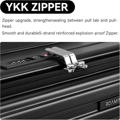ROAMING 24 Inch Checked Luggage Front Opening Rolling Suitcase PC hard sided luggage with Spinner Wheels Cup Holder Tsa Lock Specially Designed Ergonomic Pull Rod Handle for Travel Woman Men (black)