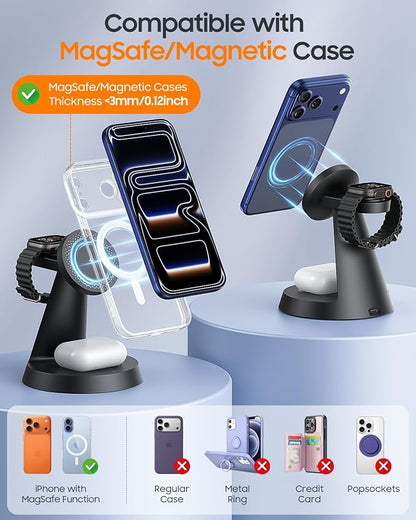 3 in 1 Magnetic Charging Station for Apple Devices, 15W Fast Wireless Charger Compatible with MagSafe Charging Stand Dock for iPhone 17 16 15 14 13 12, Watch Charger Stand for Apple Watch & Earbuds