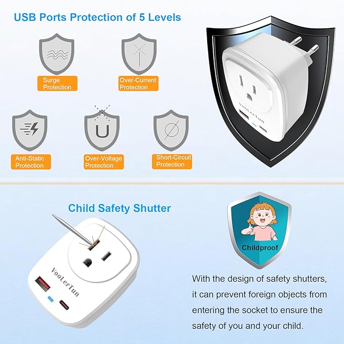 Type C Plug Adapter, VooLerTun Frence Germany Travel Adapter with 30W Fast Charge Power Adapter Dual Ports Compatible iPhone 17/16 Series, 1 American Outlet Adapter, US Converter for European Travel