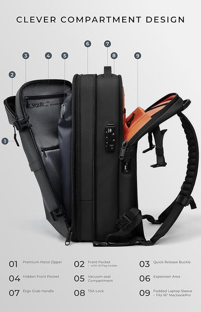 AirVault Vacuum Seal Travel Backpack 60L with Expandable Vortex Air Compression Vacuum System Water Resistant TSA Lock (Vacuum Pump Included, Gray, 60L)