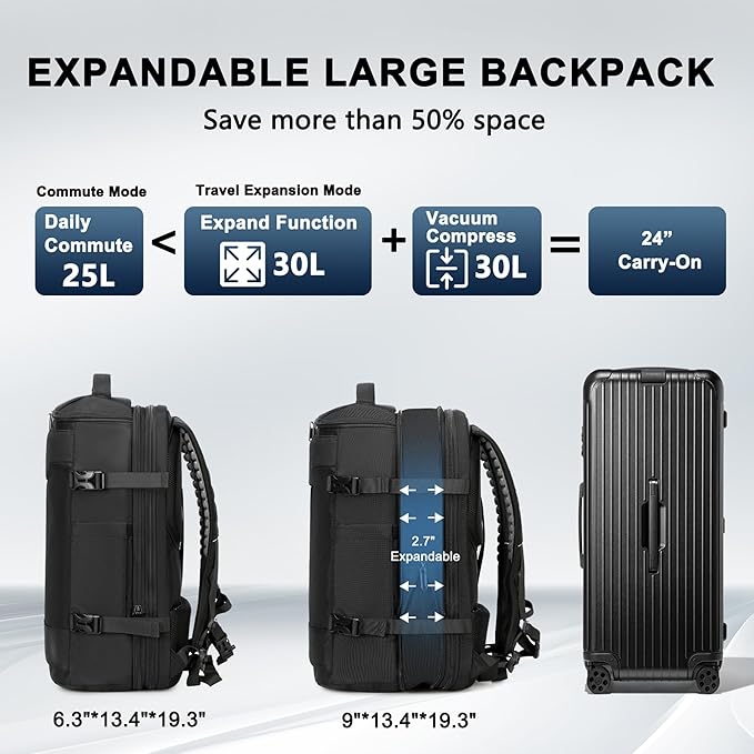 Vacuum Backpack Travel, Vacuum Seal Compression Travel Backpack with Pump, Laptop Compartment, 60L Expandable Water Resistant Business Carry-On Backpack Vacuum Gifts for Travel/College/Camping