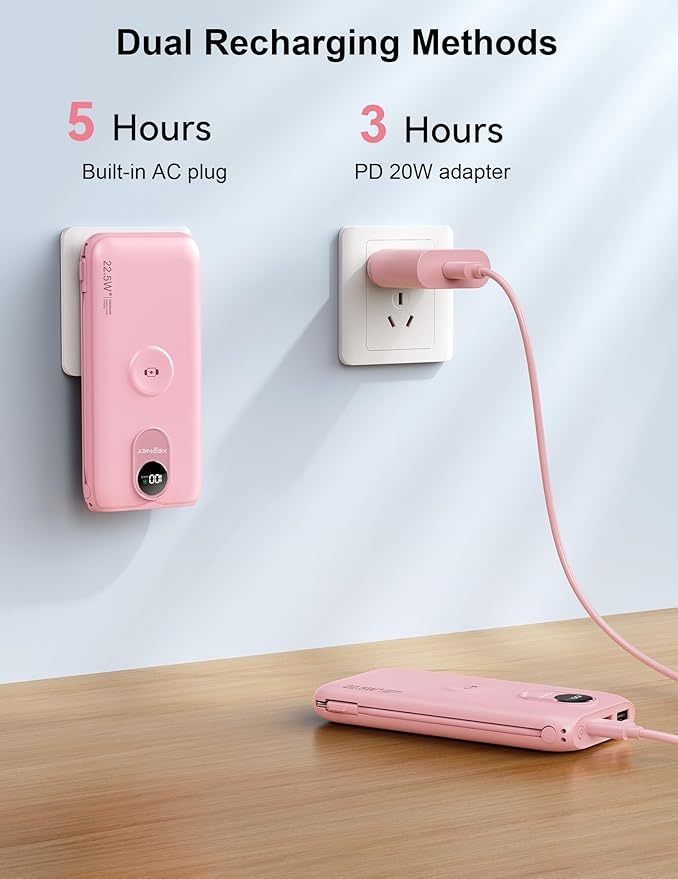 Portable Charger, 10000mAh 22.5W Fast Charging Power Bank with Built in Cable & Wall Plug, Travel Essential Battery Pack with LED Display, External Charger for iPhone 17/16, iWatch 11/10/9/8/Ultra/SE