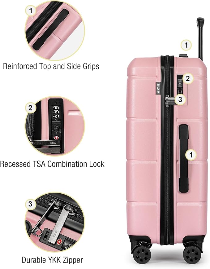 KYME Luggage Sets 2 Piece Suitcase Set Hardshell 20 inch/24 inch Luggage with Spinner Wheels Hardside PC+ABS Checked Large Suitcase with TSA Lock for Women Pink