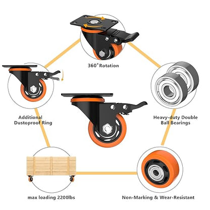 3 Inch Caster Wheels,Orange Casters Set of 4, Heavy Duty Casters with Brake 2300 Lbs, Locking Industrial Swivel Top Plate Casters Wheels for Furniture and Workbench Cart(Two Hardware Kits Include)