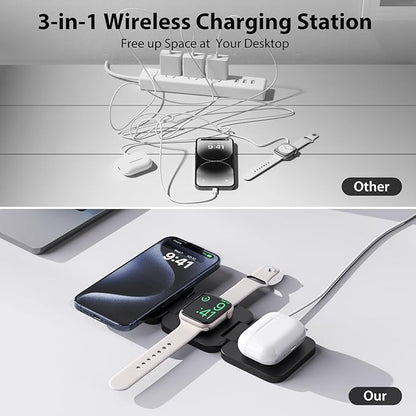 KU XIU Fast Wireless Charger, Magnetic Foldable 3 in 1 Charging Station for iPhone 17/16/15/14/13/12/Pro/Plus/Pro Max, 5W Portable Charger for Apple Watch10/9/8/7/6/5/4/3/SE, for Airpods3/2/Pro-Black
