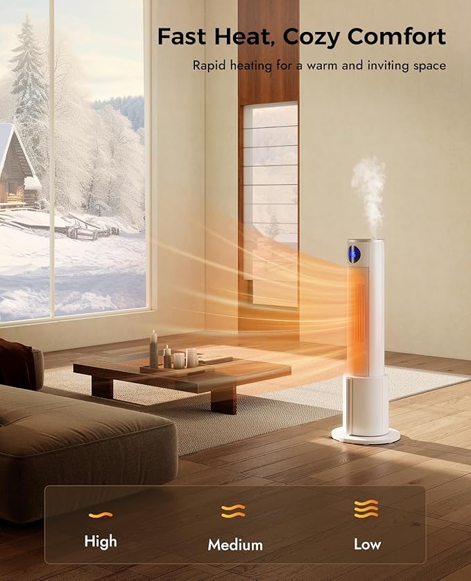 Space Heater with Humidifier - Portable Tower Heaters for Indoor Use, Remote, Adjustable Thermostat, 3 Heat Modes, Multiple Safety Protection, 12H Timer, Quiet Electric Heater for Bedroom