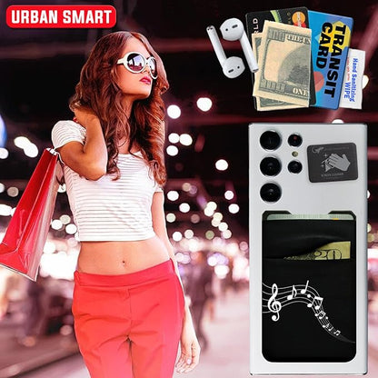Gecko Travel Tech Double Pocket - Adhesive Card Holder - Cell Phone Pouch - Stick on Spandex Pocket - Carry Credit Cards and Cash - MUSIC