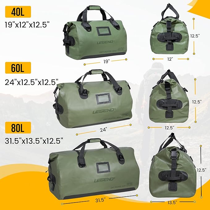 LEGEND Waterproof Duffel Bag - Heavy Duty Duffle Bag for Outdoor, Camping, Boating & Travel, Premium PVC Dry Duffel Bag, Motorcycle Dry Bag with Durable Strap & Handles with Large Storage - 80L Green