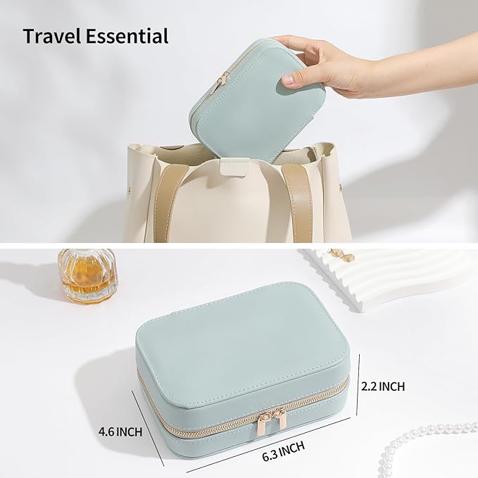 Genuine Leather Travel Jewelry Organizer Case with Mirror for Women, Small Mini Portable Jewelry Box for Ring Earrings Necklace Bracelet Luxury Gift for Women（Black）