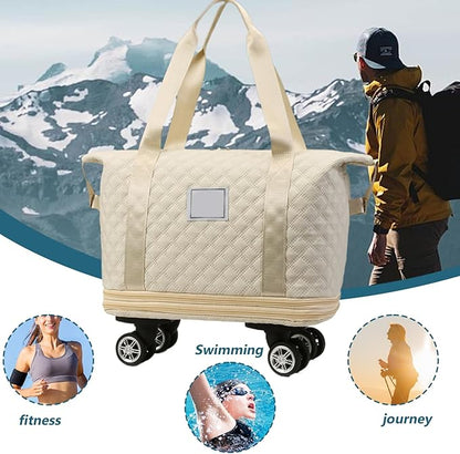 Rolling Duffle Bag with Wheels and Handle, Expandable Foldable Luggage Bag Beige