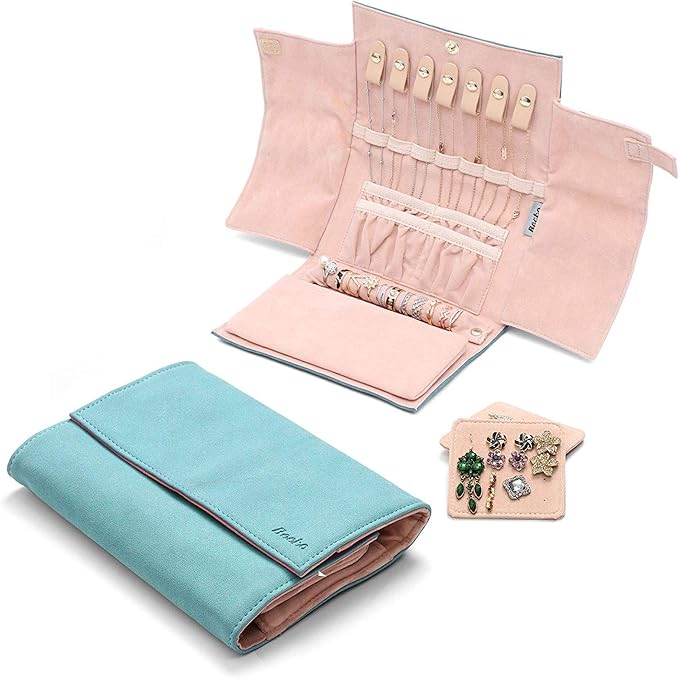 Becko US Jewelry Organizer Roll Travel Jewel Bag case for Multiple Necklaces, Rings, Bracelets, Supple Leather & Suede, Large Capacity Without Crease, Lightweight, Portable & Practical (Blue)