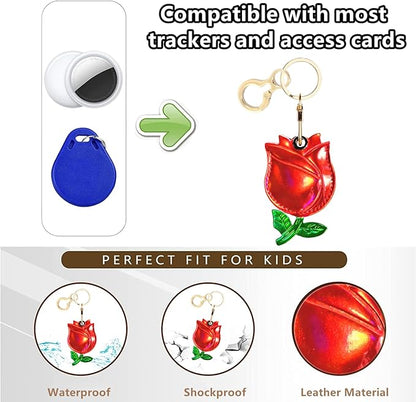 Leather Keychain Holder Case Compatible with AirTag,Cute Protective Shiny Charm Cover with Keyring,Anti-Scratch Finder GPS Tracker Case for Wallet Keys,Bag,Pets(Red Rose)
