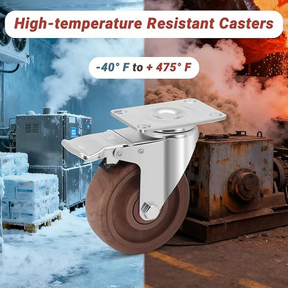 Nefish 4 Inch Casters Wheels, Heavy Duty Casters Set of 4, Durable Castor Wheels with Brake 2000 LBS, High Temperature Casters Glass Filled Nylon Wheels for Workbench, Industrial (-40°F to + 475°F)