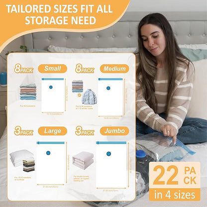 22 Pack Vacuum Storage Bags with Rechargeable Wireless Electric Pump, Vacuum Seal Space Saver Bags for Clothing, Pillows, Blanket, Bedding, Comforter