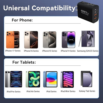 USB C Wall Fast Charger Block, 40W 4-Port Type C Chargers Fast Charging Blocks PD Power Charger Adapter+QC 3.0 USB Multiport Charger Brick for Phone 17/16/15/14/13/12 Pro Max, i-Pad, Galaxy S25-2Pack