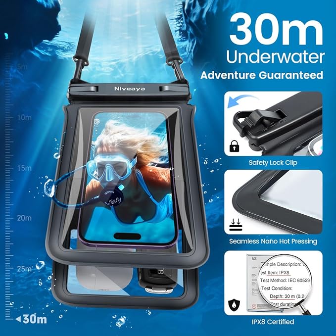 Niveaya Double Space Waterproof Phone Pouch (2-Pack) - IPX8 Phone Case Dry Bag for Beach, Kayak, Cruise Travel Essentials - Compatible with iPhone 17/16/15/14 Pro Max Galaxy S25/S24 Ultra (up to 8.3")