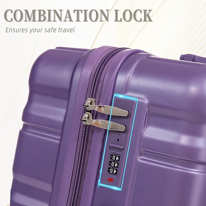 Campfun 3 Piece Luggage Sets, ABS Suitcase Set with Double Spinner Wheels Hang Hook, Durable Carry On Luggage with Combination Lock, 20/24/28 inch, Purple