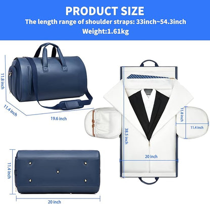 Leather Garment Bag，Convertible Garment Duffel Bag for Travel Mens Suit Bag 2 in 1 Waterproof Foldable Carry on Garment bag with Shoulder Strap Weekender Bag with Shoe Pouch