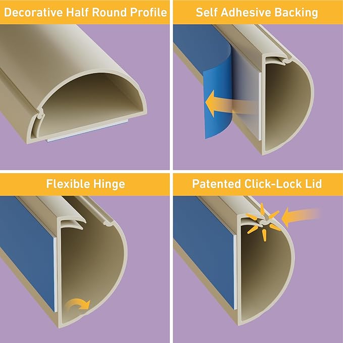 D-Line Half Round Cord Hider, Patented Cable Cover, Hide TV Wall Mount Wires, Raceway for Cords, Decorative Wire Covers, Paintable, Adhesive Cable Concealer, 2in W x 1in H x 39in L, Beige