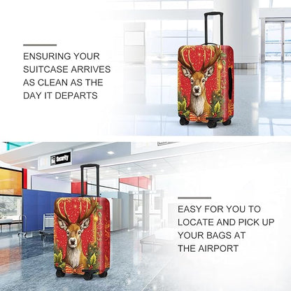 Vintage Plaid Christmas Luggage Cover - Red Tartan with Golden Deer and Holly, Classic Stretchable Suitcase Cover 24 26 Inch