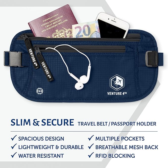 VENTURE 4TH Money Belt for Travel – Hidden Under-Clothes RFID Blocking Passport Holder & Slim Travel Wallet Pouch for Men & Women to Protect Cash, Cards & Documents (Navy Blue)