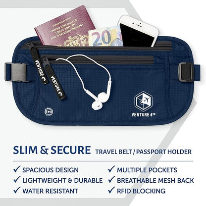 VENTURE 4TH Money Belt for Travel – Hidden Under-Clothes RFID Blocking Passport Holder & Slim Travel Wallet Pouch for Men & Women to Protect Cash, Cards & Documents (Navy Blue)