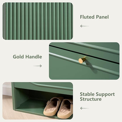 ORRD Shoe Storage Cabinet with 2 Flip Drawers, Wood Narrow Shoe Cabinet for Entryway, Fluted Hidden Shoe Organizer, Freestanding Slim Shoes Cabinets for Foyer, Hallway-Green