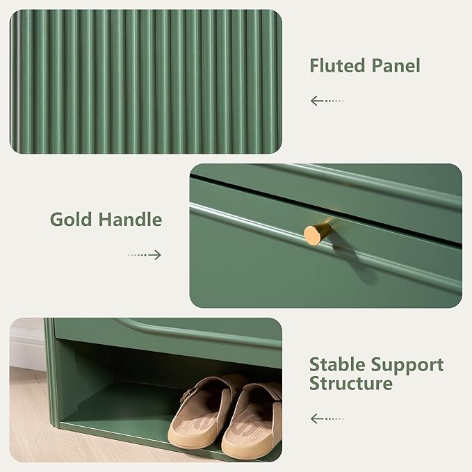 ORRD Shoe Storage Cabinet with 2 Flip Drawers Set of 2, Wood Narrow Shoe Cabinet for Entryway, Fluted Hidden Shoe Organizer, Freestanding Slim Shoes Cabinets for Foyer, Hallway-Green