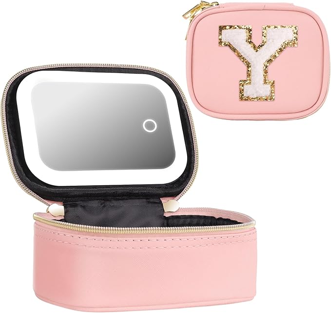 dadop Mini Initial Makeup Bag With Led Mirror With Lights Gifts For Women Girls, Small Makeup Box For Travel, Mini Cosmetic Bag Make Up Personalized Bags Birthday Christmas Gifts For Women (Y)