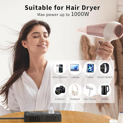 2000W Voltage Converter for Hair Dryers PC Phone Kettle, 220V to 110V Converter US to Europe, 7 in 1, 3 AC/2 USB/2 Type-C Ports, Power Converter Adapter EU/UK/IT/AU Plugs (Black)