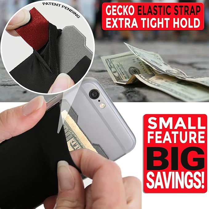 Gecko Travel Tech Double Pocket - Adhesive Card Holder - Cell Phone Pouch - Stick on Spandex Pocket - Carry Credit Cards and Cash (2 PACK - BLACK COMBO)