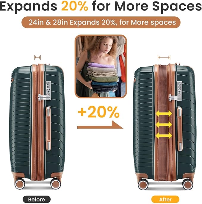 Merax Luggage 4 Piece Set Hardside Expandable Suitcase Set with Case,Travel Luggagewith Spinner Wheels,Airplane Approved Carry On Luggage Sets,Army Green,14/20/24/28
