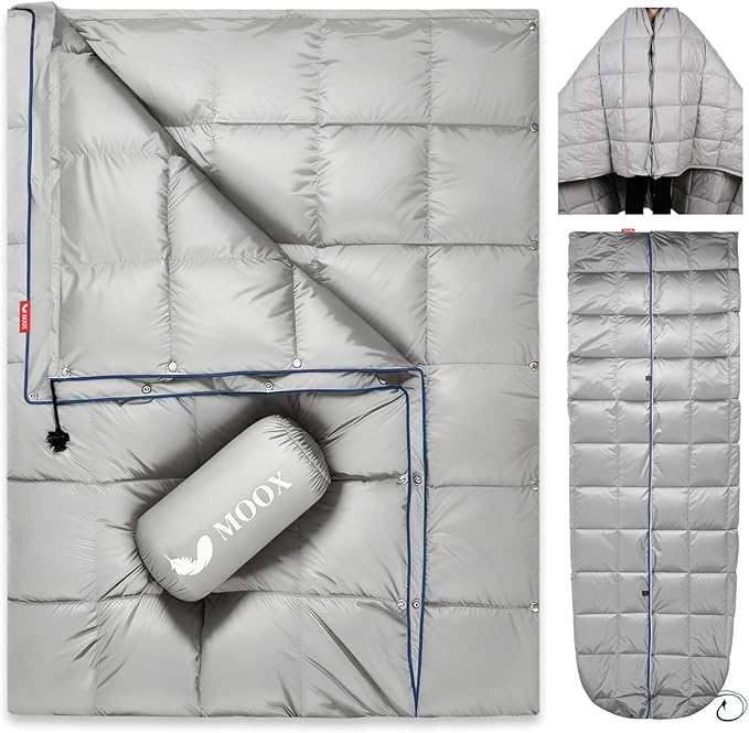 MOOX Down Camping Blanket Packable Backpacking Camping Quilt Outdoor Lightweight Warm Water Resistant Puffy Sleeping Bag Travel Hiking 55"x79" Waterproof Camp Throw Blanket, Gray Blue