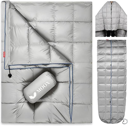 MOOX Down Camping Blanket Packable Backpacking Camping Quilt Outdoor Lightweight Warm Water Resistant Puffy Sleeping Bag Travel Hiking 55"x79" Waterproof Camp Throw Blanket, Gray Blue