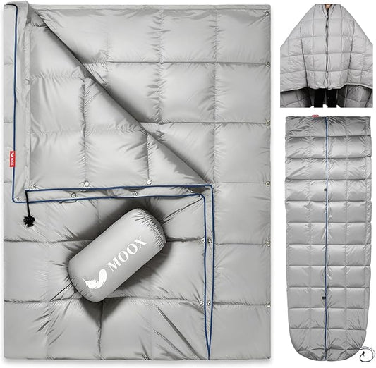 MOOX Down Camping Blanket Packable Backpacking Camping Quilt Outdoor Lightweight Warm Water Resistant Puffy Sleeping Bag Travel Hiking 55"x79" Waterproof Camp Throw Blanket, Gray Blue