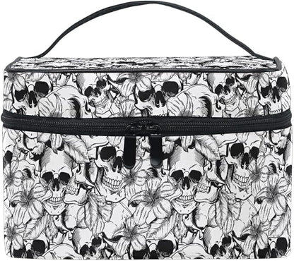Goth Skull Makeup Bag, Gothic Skull Flowers Makeup Organizer Bags Toiletry Bag Box Travel Cosmetic Bag Make Up Train Case for Women Teen Girl Ladies