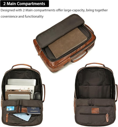 LANNSYNE Vegetable Tanned Leather Backpack for men, Expandable Leather Backpack Fits 15.6 Laptop, Tote Shoulder Travel Bag Rucksack