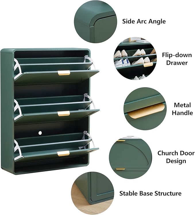 Hidden Shoe Cabinet with Drawer, Free Standing Narrow Shoe Rack Cabinet for Entryway Slim, 3 Flip Drawer Shoe Storage Organizer Cabinet for Entry,Hallway,Door,Dorm,Small Spaces - Green