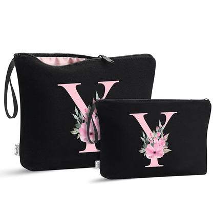 Vavabox A-Z Personalized Makeup Bag, Birthday Gifts for Women Mom, Gifts for Best Friend, Bride Bridesmaid Cosmetic bag (Y, 04-Black Set)