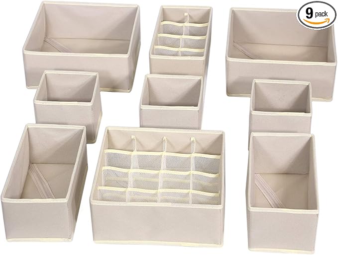 9 Pack Foldable Drawer Organizer Dividers Cloth Storage Box Closet Dresser Organizer Cube Fabric Containers Basket Bins for Underwear Bras Socks Panties Lingeries Nursery Baby Clothes Beige