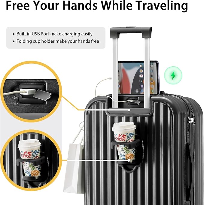 Hard Shell Carry On Luggage With Cup Holder & Charger, 20IN Carry On Luggage With Spinner Wheels, 360° Rotatable, Airline Approved TSA-locked