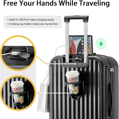 Hard Shell Carry On Luggage With Cup Holder & Charger, 20IN Carry On Luggage With Spinner Wheels, 360° Rotatable, Airline Approved TSA-locked