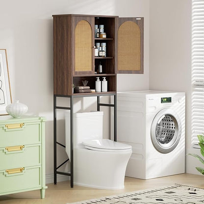 Rattan Toilet Storage Cabinet, Over The Rack Wood Cabinet with Metal Stand, Bathroom Organizer with Adjustable Shelf, Space Saving Cupboard for Small Bathrooms, Washer Shelf, Dark Brown