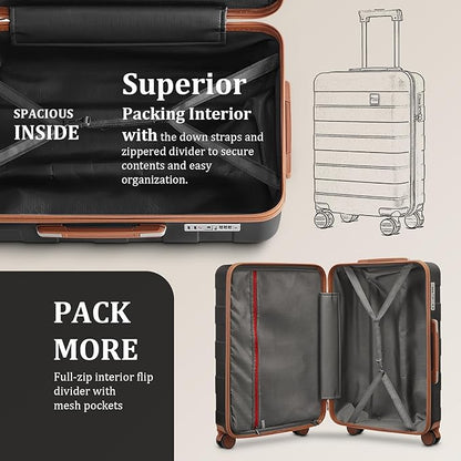 imiomo Luggage Sets 2 Piece Check and Large,Hardside Suitcase with Spinner Wheels, Lightweight Rolling Travel Luggage with TSA Lock (Black, 4PCS)